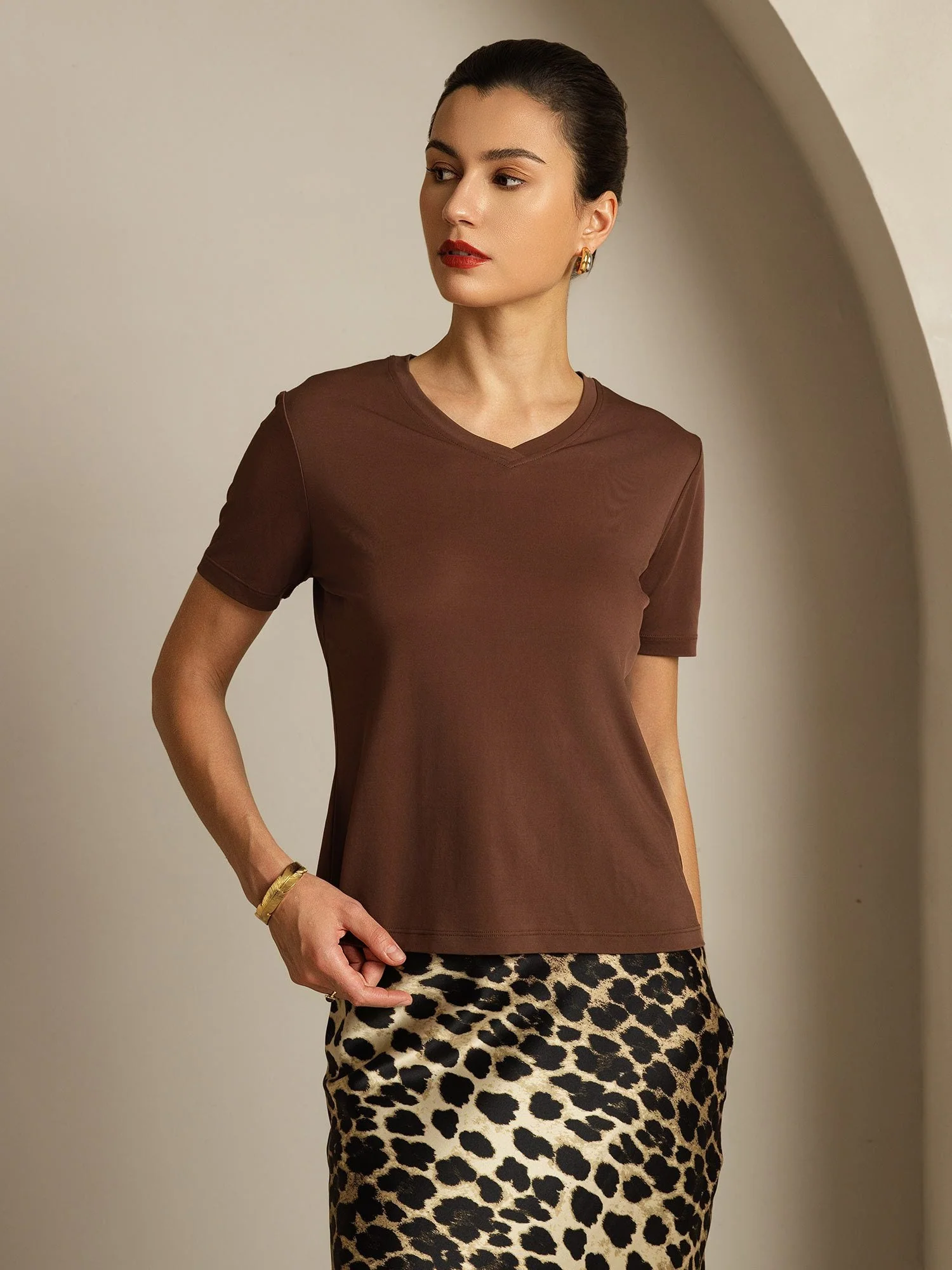 Pure Silk V-Hals Korte Ærmer Snag-Resistant Kvinders T-Shirt - Image 53