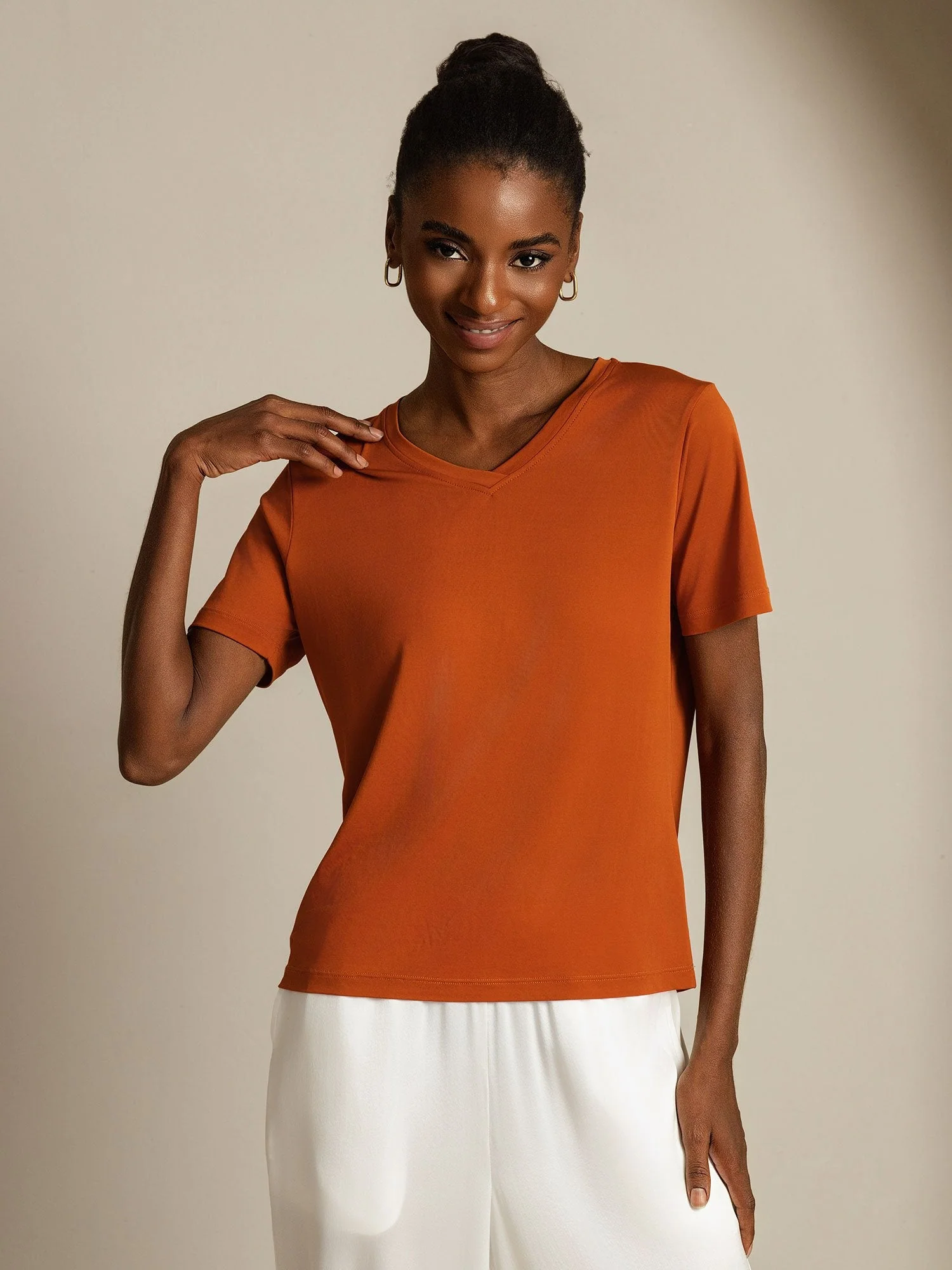 Pure Silk V-Hals Korte Ærmer Snag-Resistant Kvinders T-Shirt - Image 8