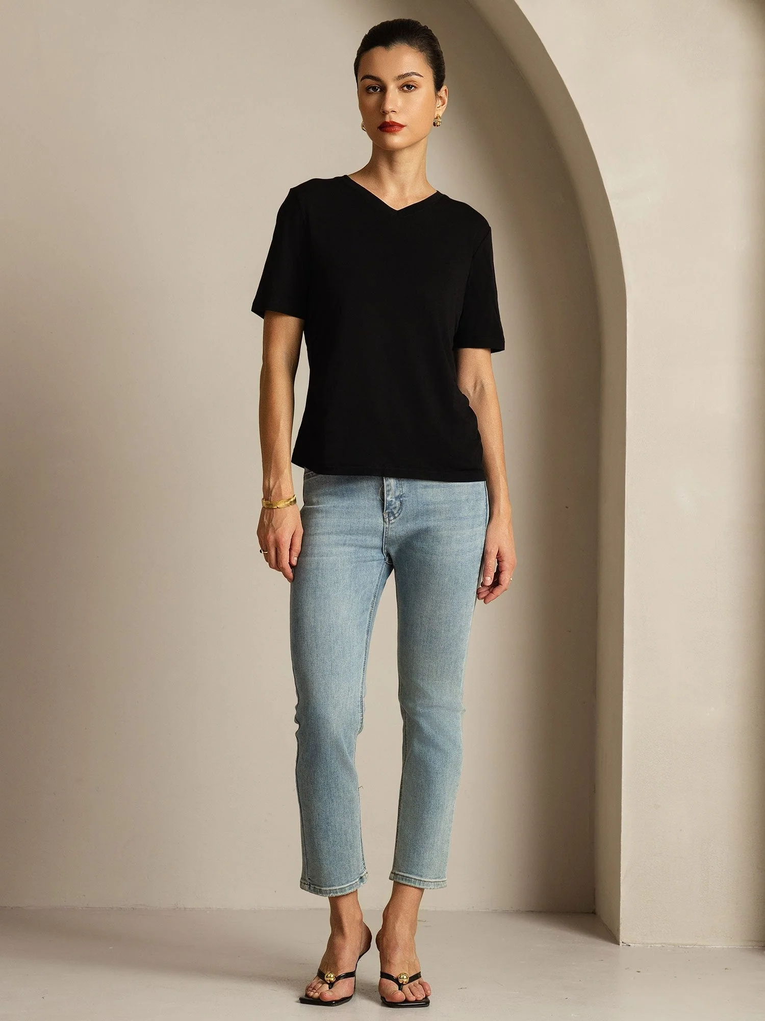 T-shirt til Kvinder i Ren Silke V-Hals - Image 8