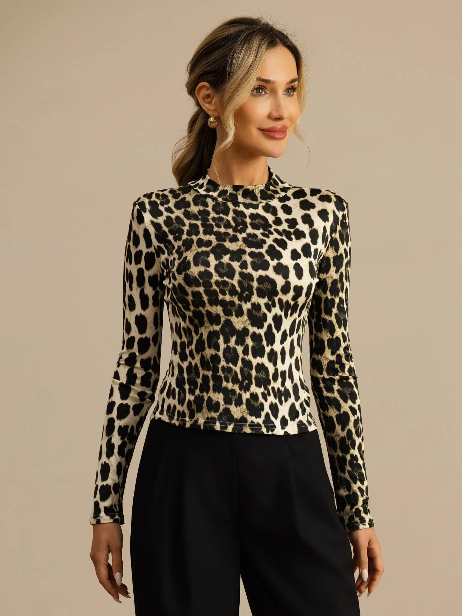 Pure Silke Dame Vildt Print Langærmet Mock Neck Top - Image 17