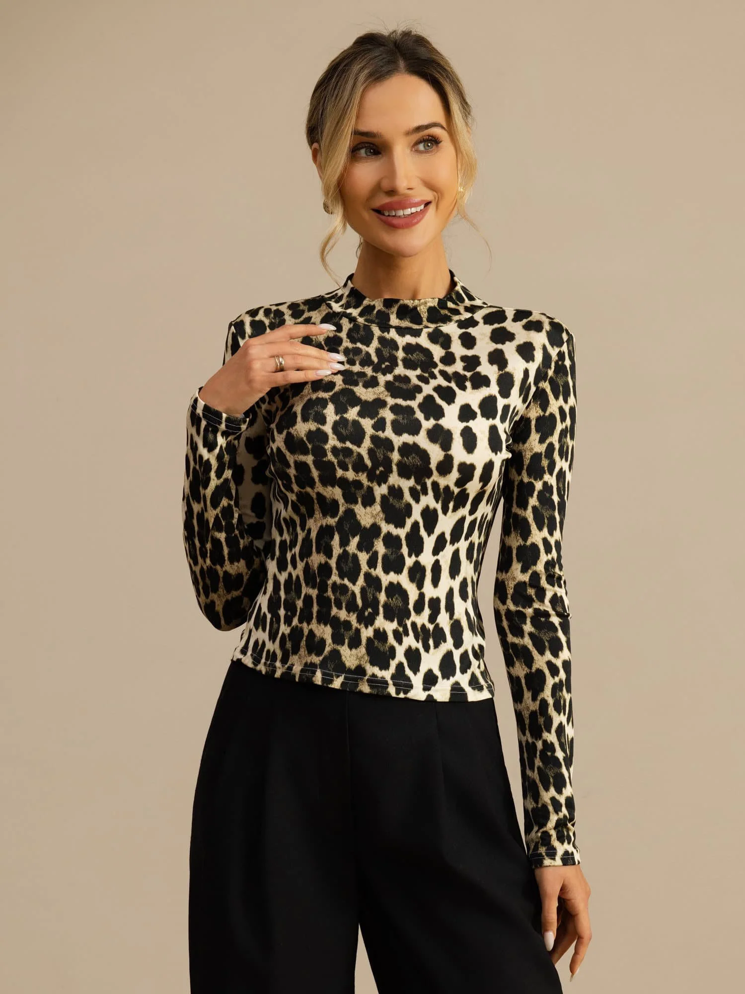 Pure Silke Dame Vildt Print Langærmet Mock Neck Top - Image 19
