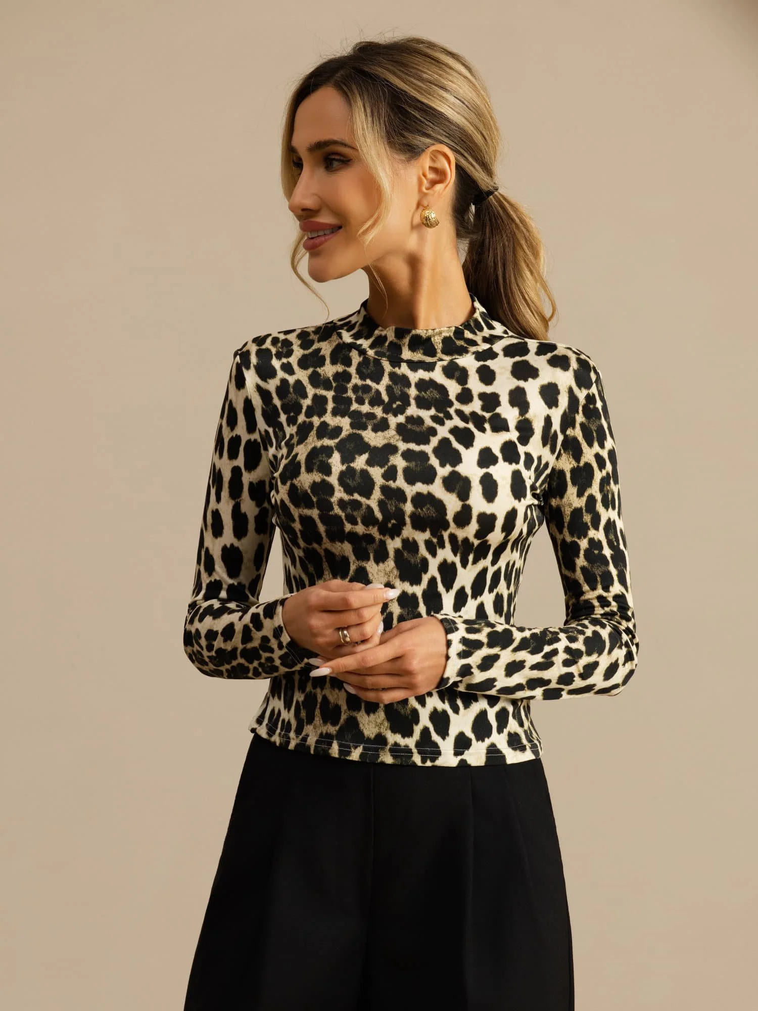 Pure Silke Dame Vildt Print Langærmet Mock Neck Top - Image 20