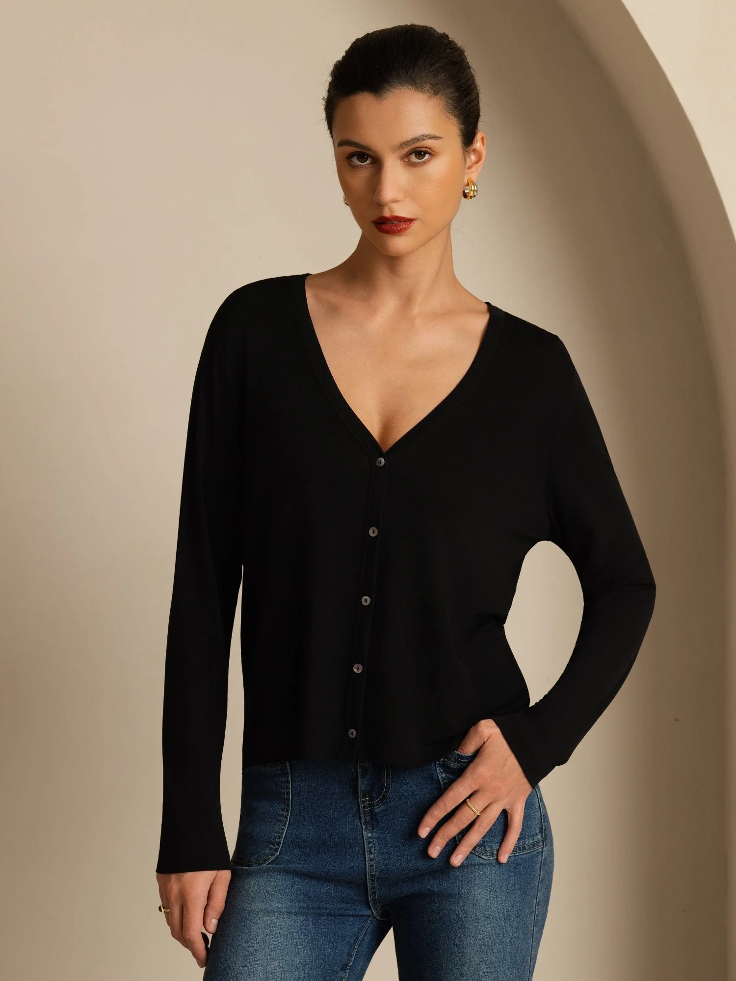 Pure Silk Dame V-Hals Langærmet Basic Cardigan - Image 11