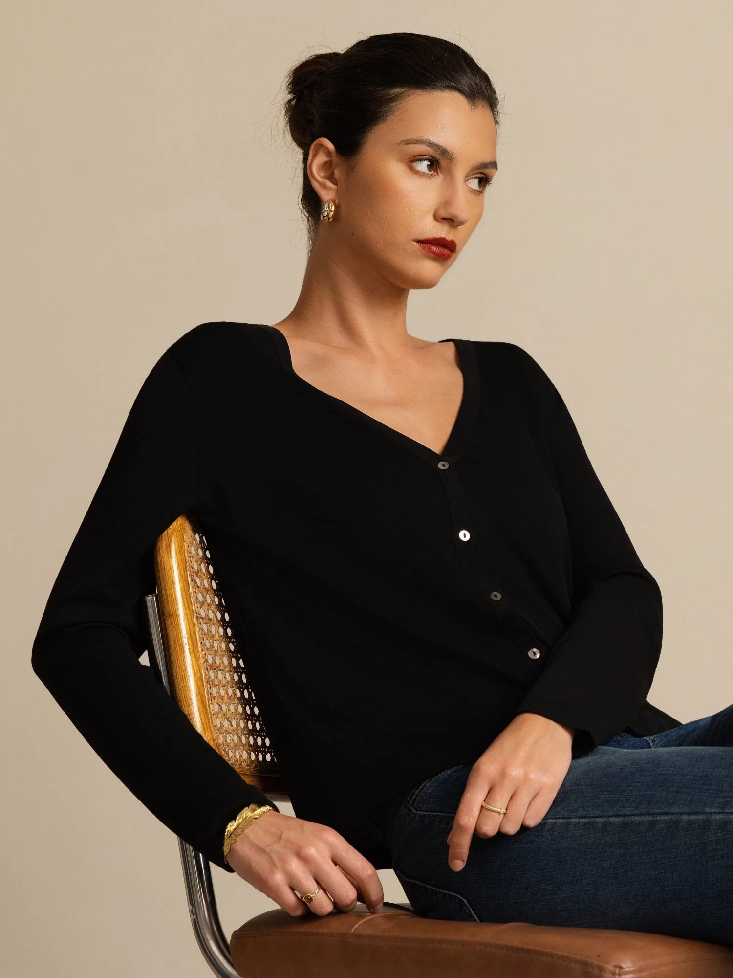 Pure Silk Dame V-Hals Langærmet Basic Cardigan - Image 12