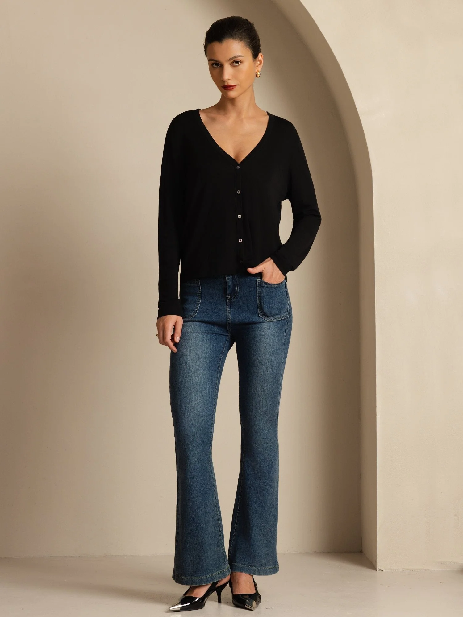 Pure Silk Dame V-Hals Langærmet Basic Cardigan - Image 14