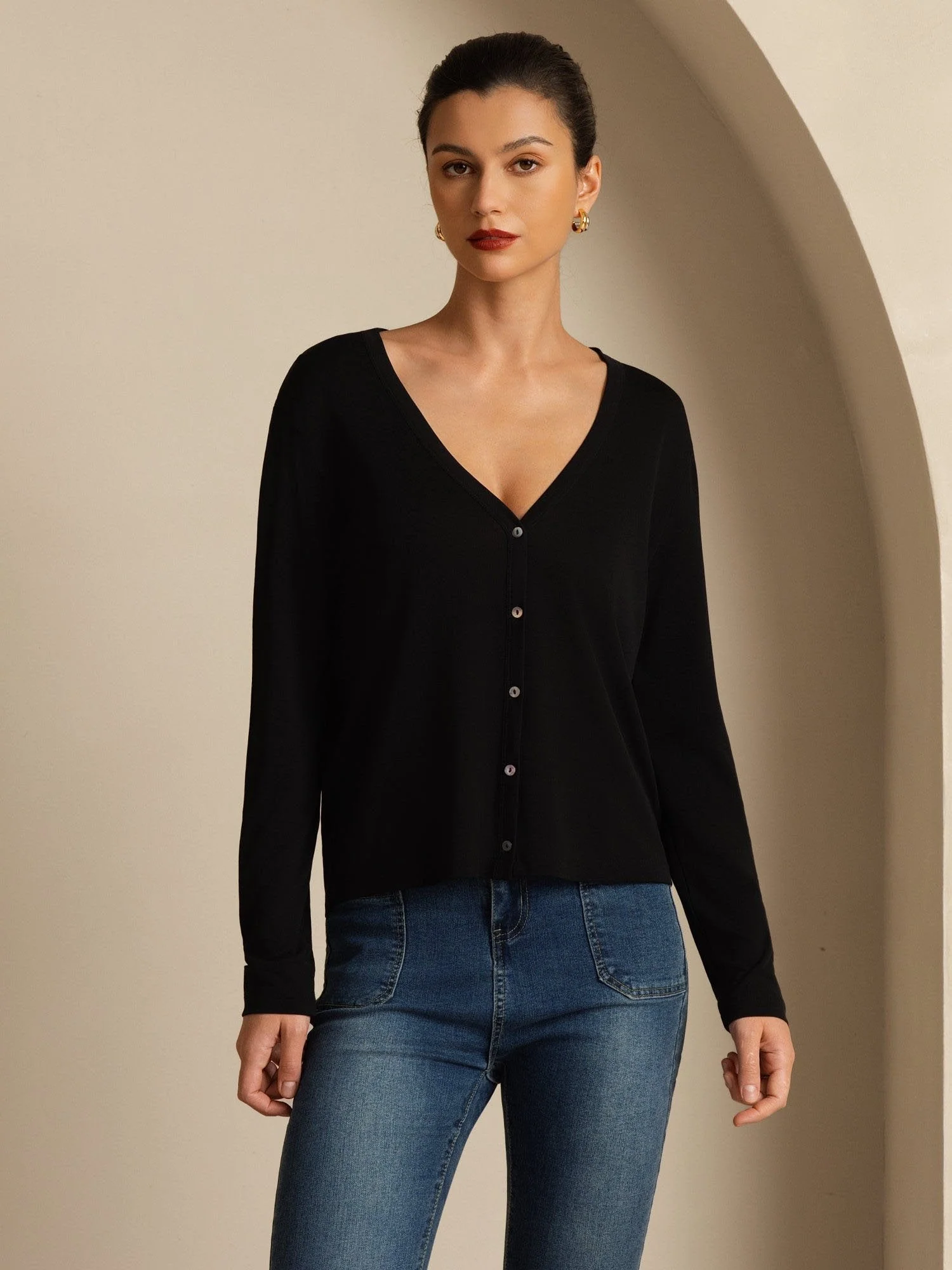 Pure Silk Dame V-Hals Langærmet Basic Cardigan - Image 9
