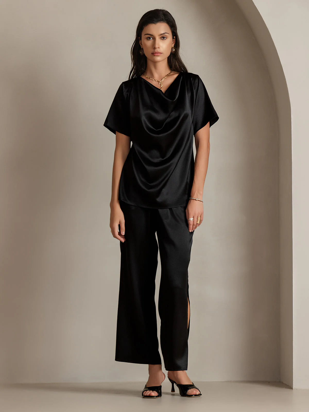 19Momme Silke afslappet cowl neck kortærmet t-shirt - Image 10