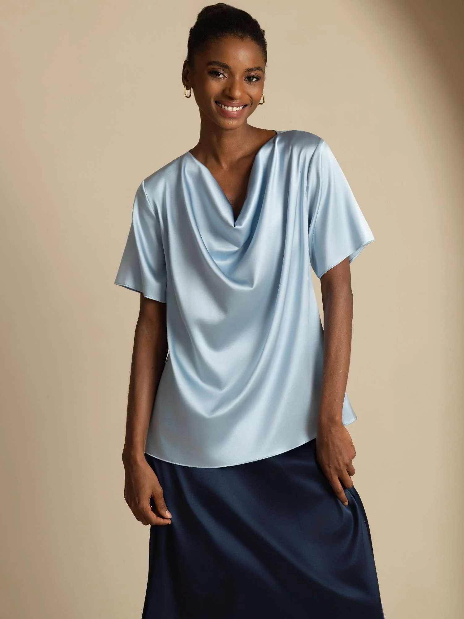 19Momme Silke afslappet cowl neck kortærmet t-shirt - Image 24