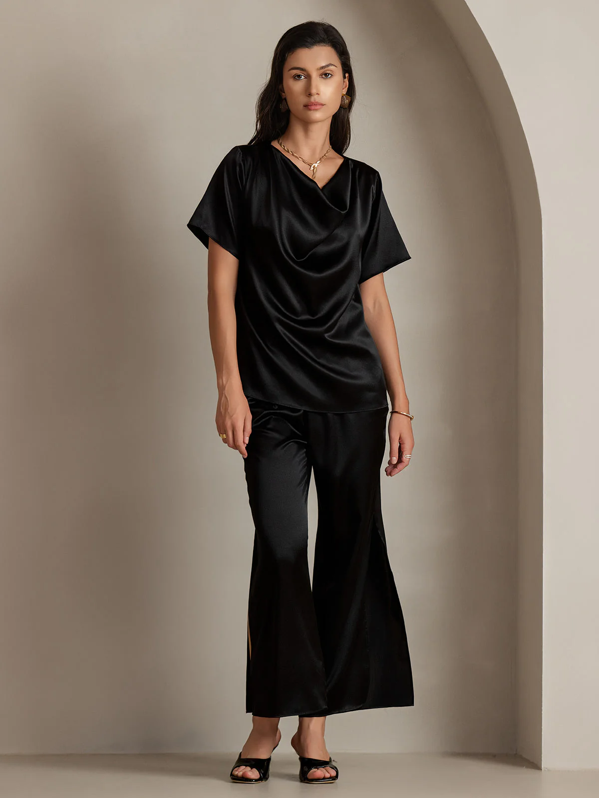 19Momme Silke afslappet cowl neck kortærmet t-shirt - Image 9