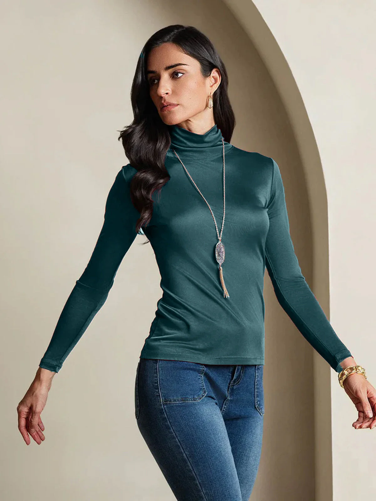 Silkeblanding Høj Hals Langærmet T-shirt - Image 35
