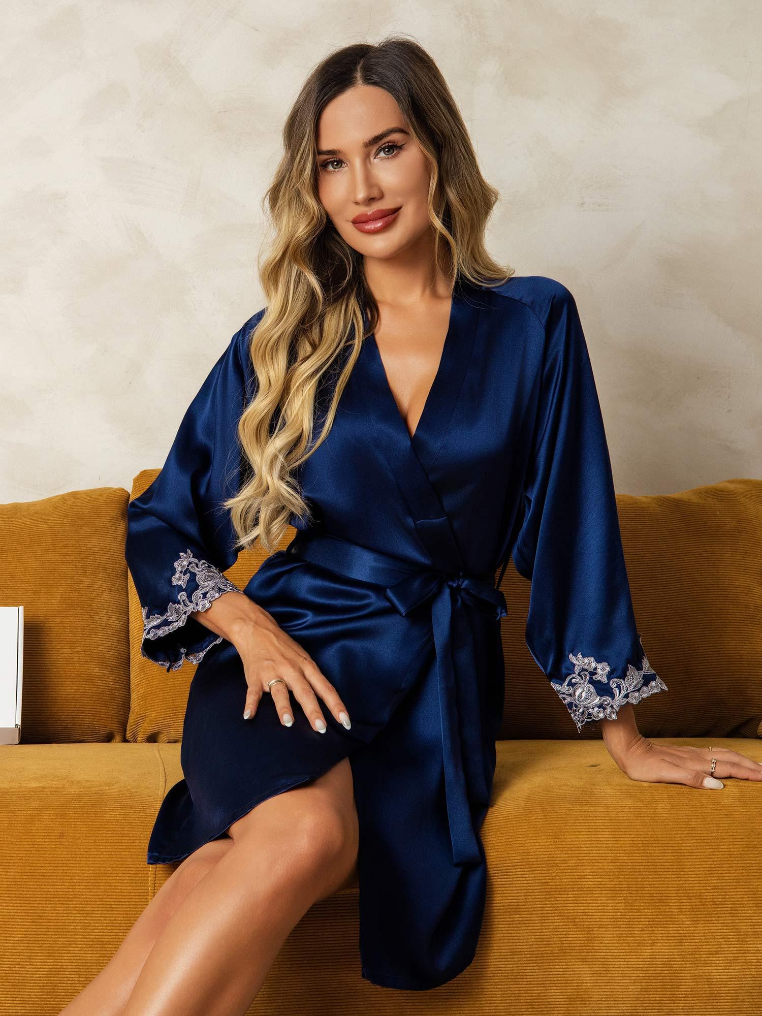 100% Morbærsilke Morgenkåbe med Blonde-manchetter Slå-om-kimono med Bælte og 3/4-Ærmer - Image 22