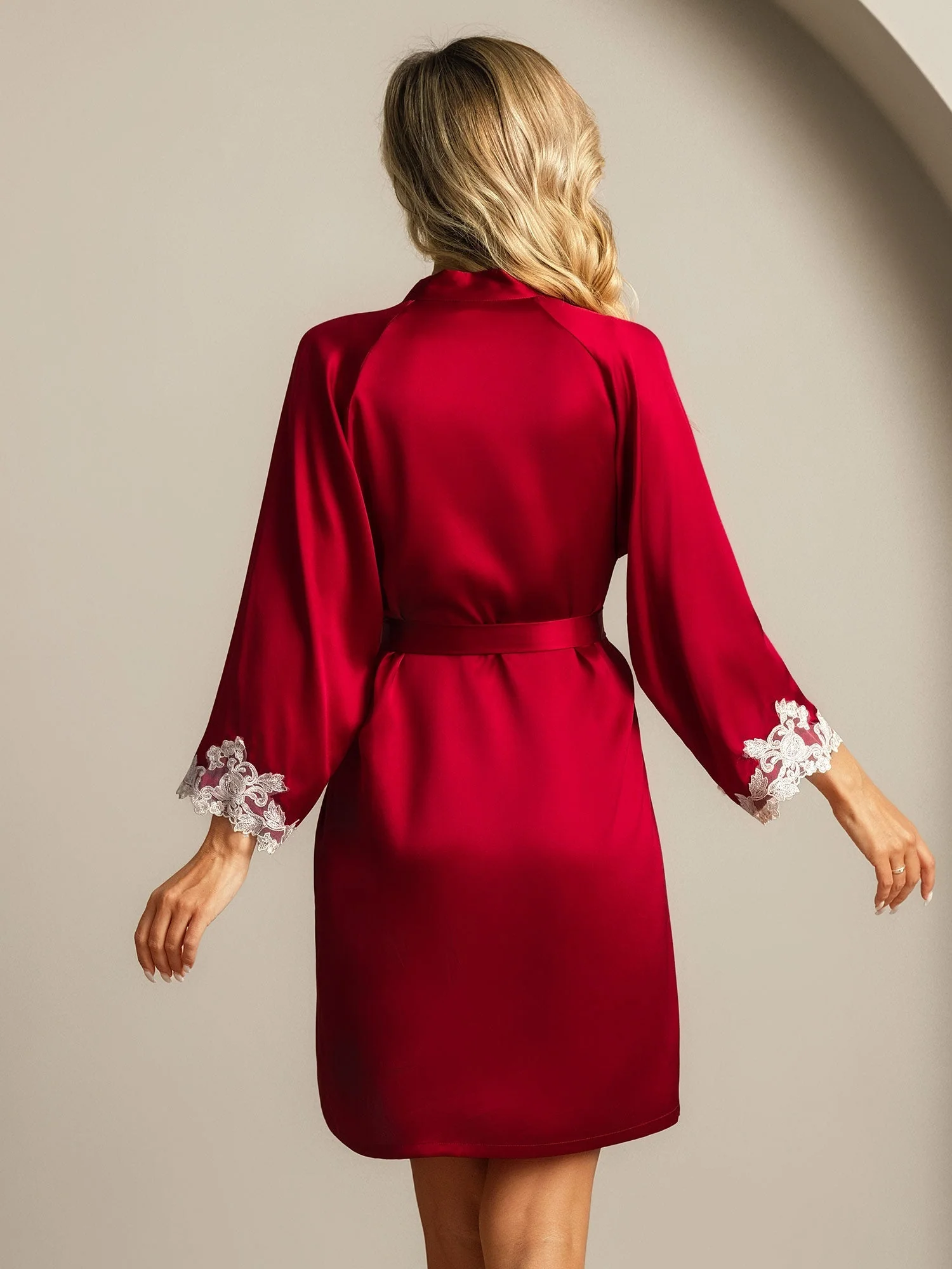 100% Morbærsilke Morgenkåbe med Blonde-manchetter Slå-om-kimono med Bælte og 3/4-Ærmer - Image 26