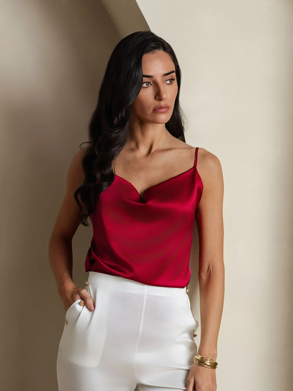 19Momme Silke Vandfaldskrage Spaghettistropper Camisole Top - Image 26