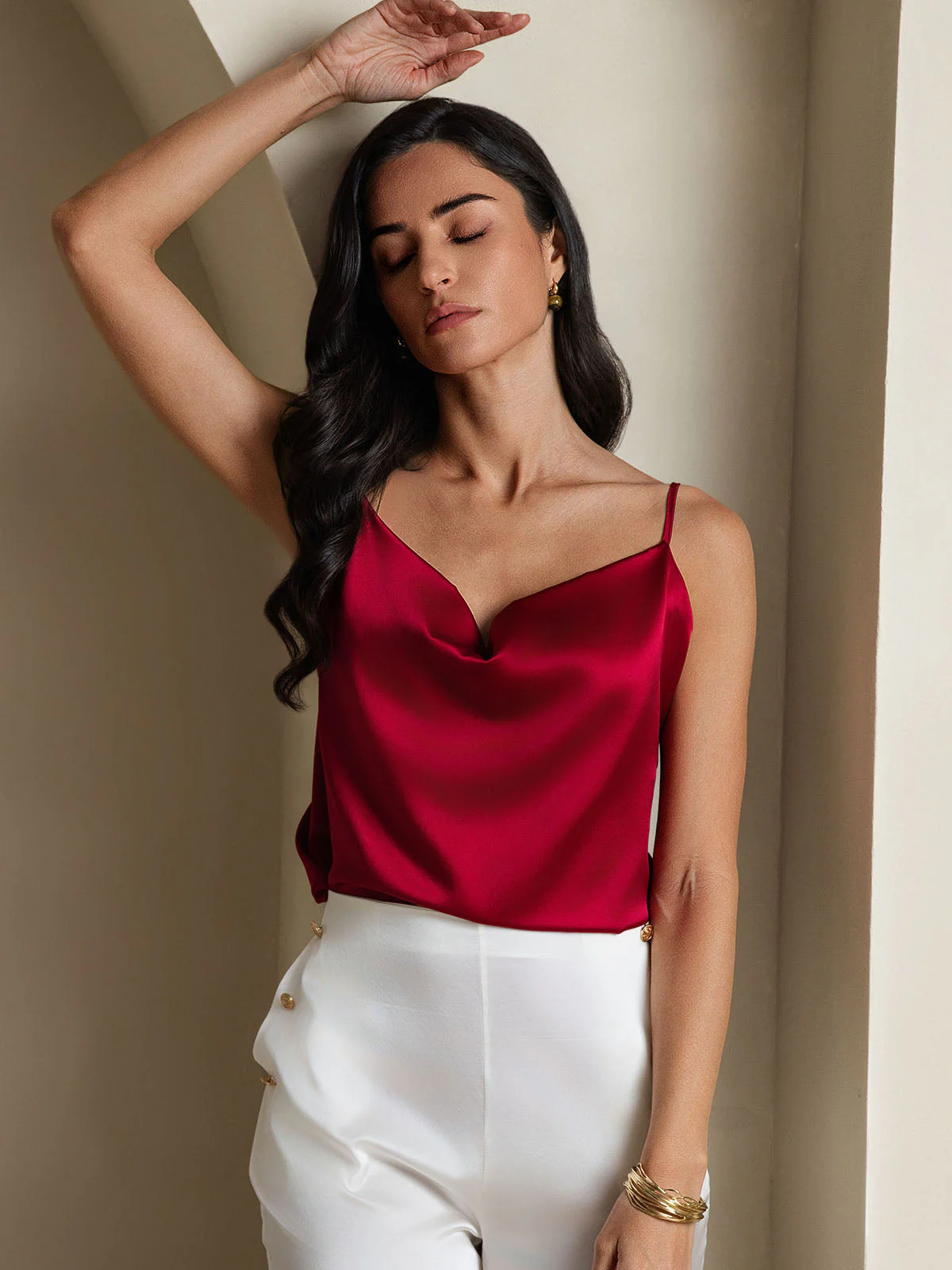 19Momme Silke Vandfaldskrage Spaghettistropper Camisole Top - Image 30