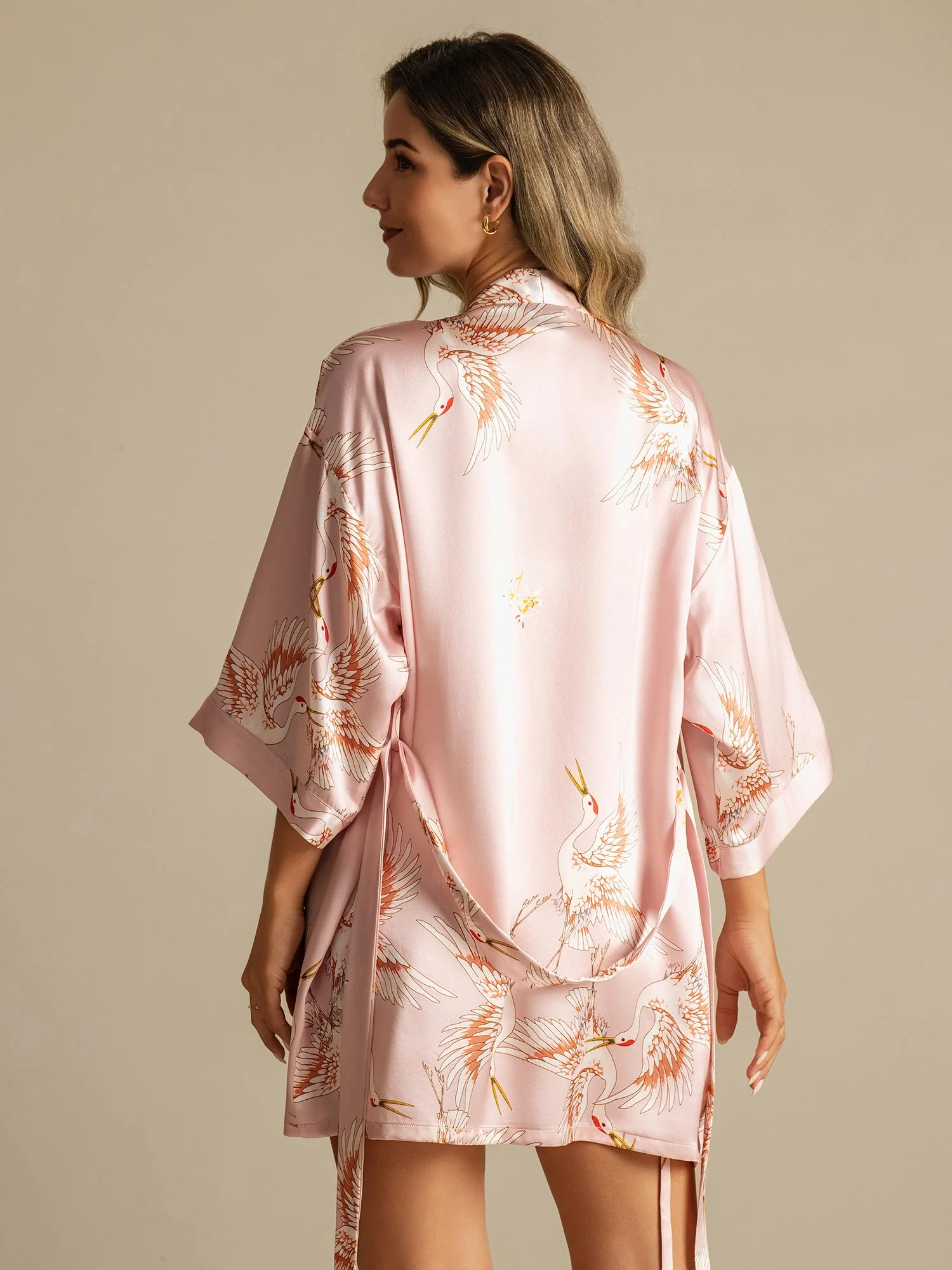 19Momme Kvinders Kort Kimono Morgenkåbe I Ren Silke Med Trane Print 3/4-Ærmer - Image 12