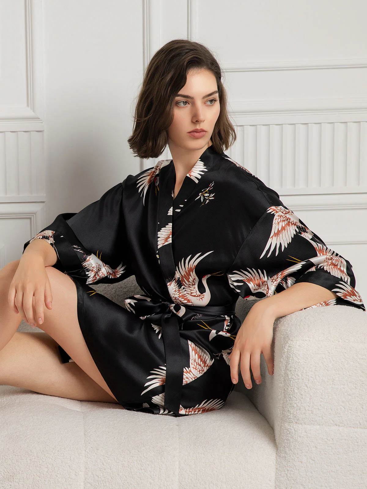 19Momme Kvinders Kort Kimono Morgenkåbe I Ren Silke Med Trane Print 3/4-Ærmer - Image 22