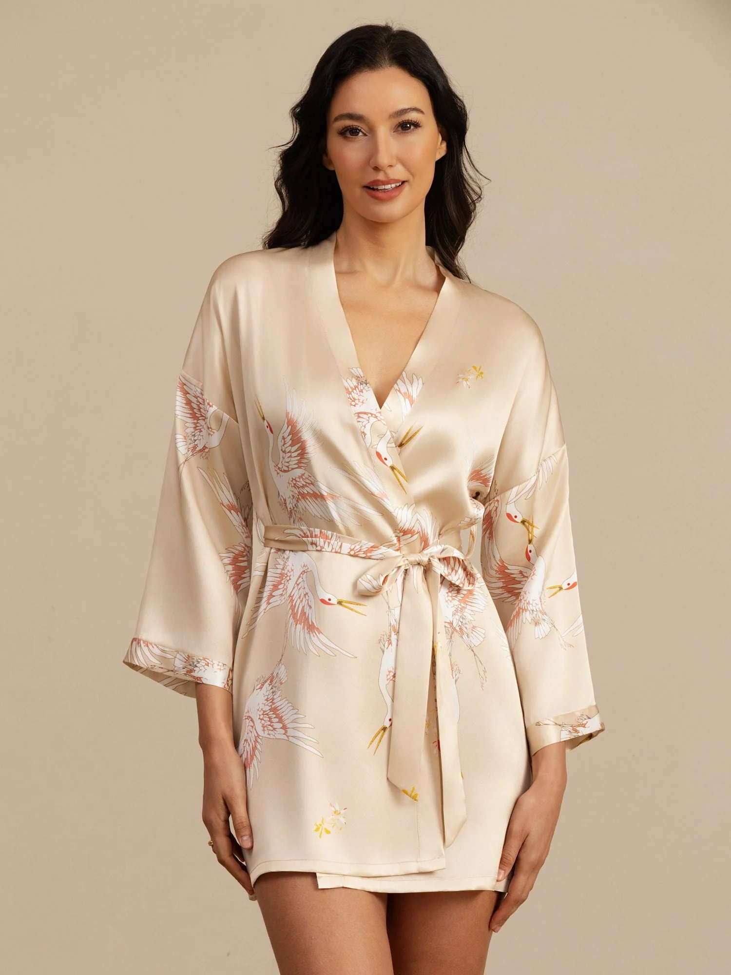 19Momme Kvinders Kort Kimono Morgenkåbe I Ren Silke Med Trane Print 3/4-Ærmer - Image 43