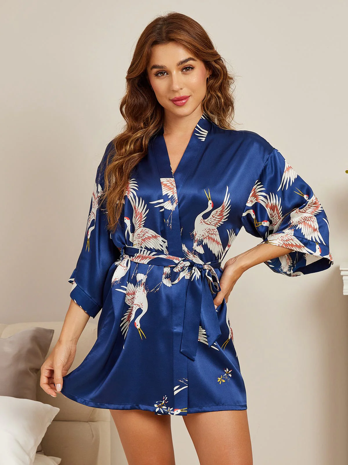 19Momme Kvinders Kort Kimono Morgenkåbe I Ren Silke Med Trane Print 3/4-Ærmer - Image 7