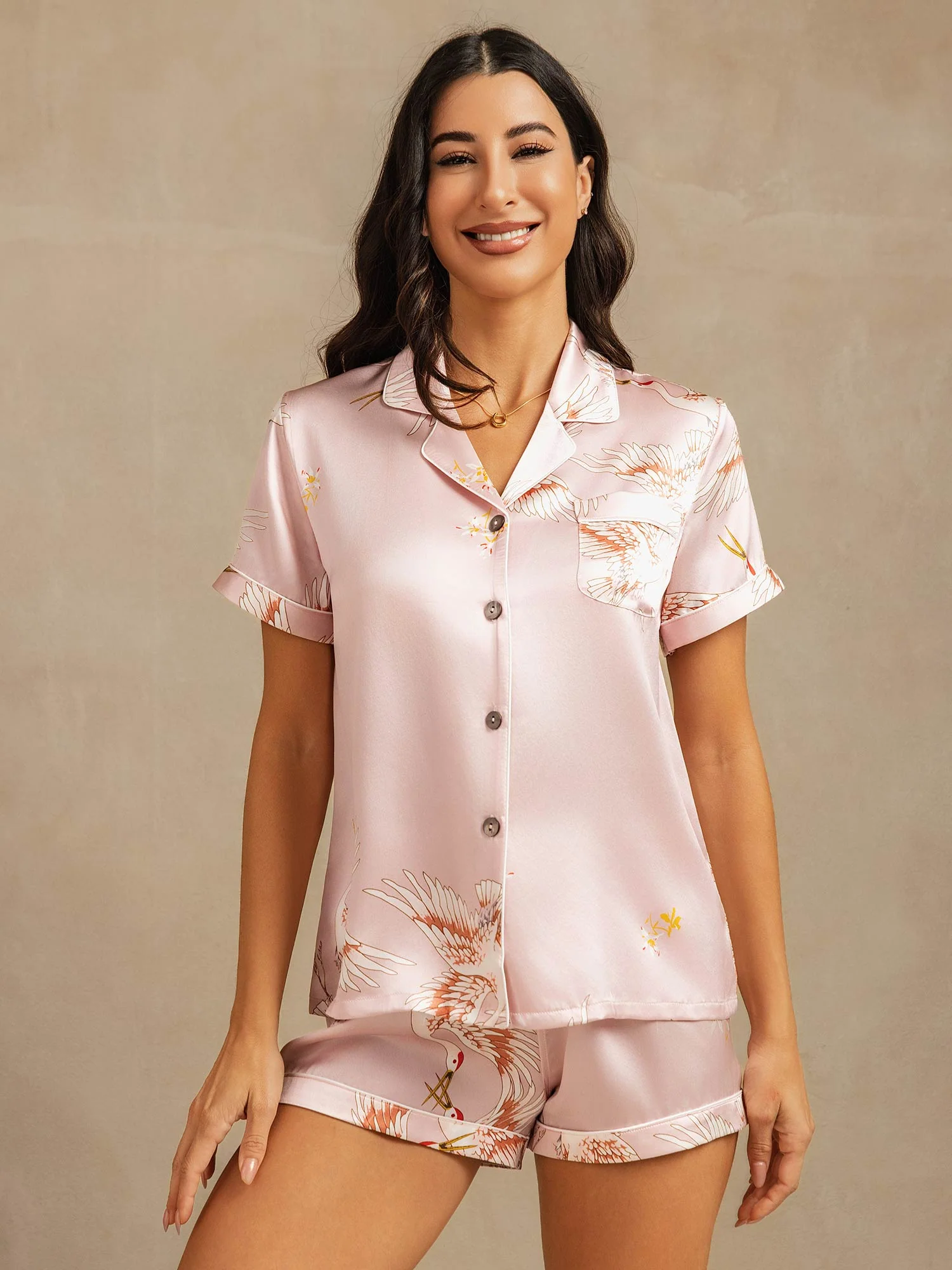 19Momme Kvinders Ren Silke Kortærmet Trane Print Pyjamas Sæt - Image 15