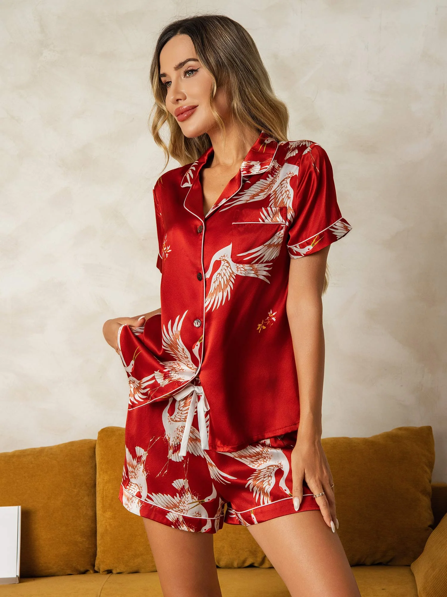 19Momme Kvinders Ren Silke Kortærmet Trane Print Pyjamas Sæt - Image 7