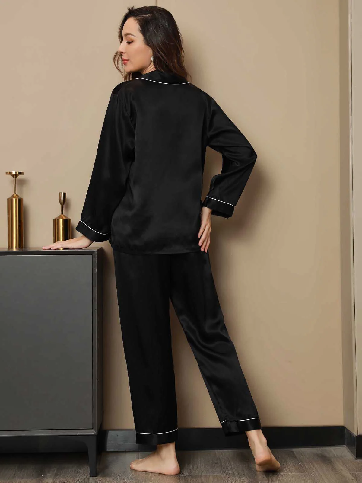 Kvinders Naturlig Silke Langærmet Pyjamasæt - Image 11