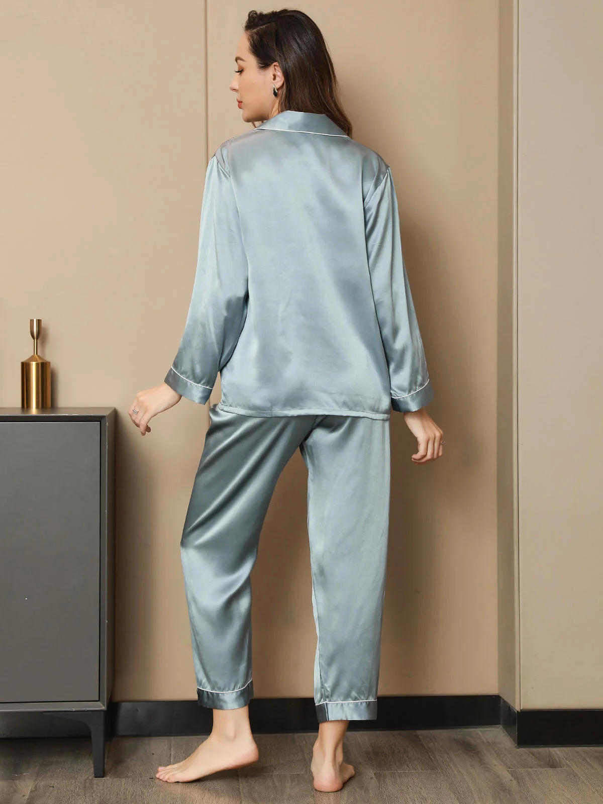 Kvinders Naturlig Silke Langærmet Pyjamasæt - Image 40