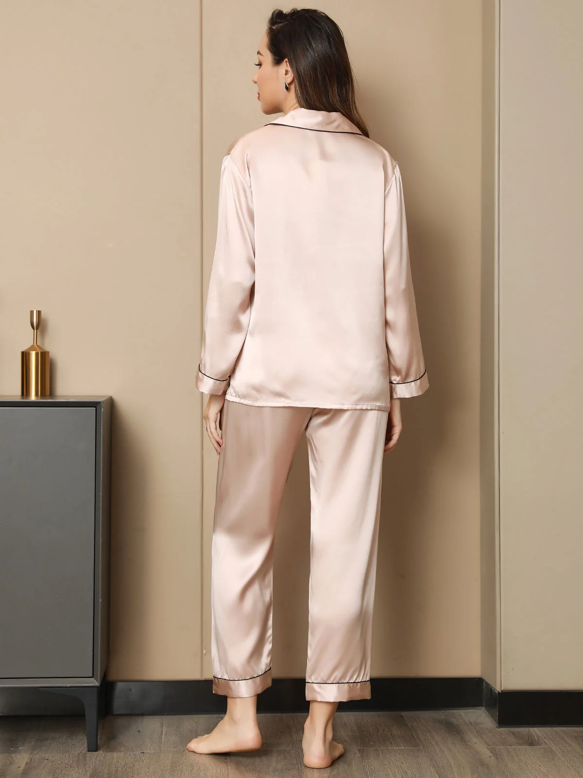 Kvinders Naturlig Silke Langærmet Pyjamasæt - Image 47