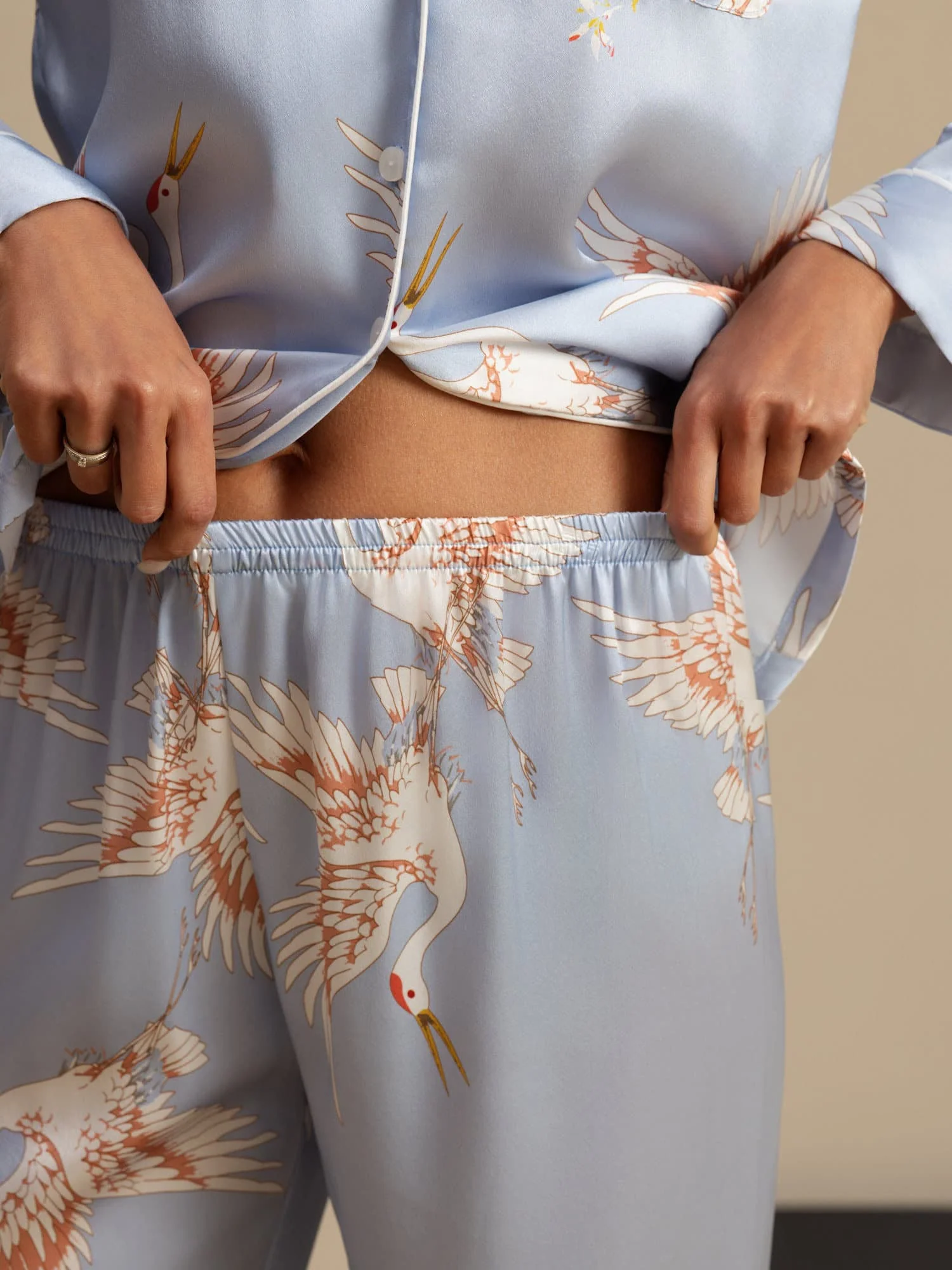 19Momme Pyjamasæt I Ren Silke Til Kvinder Med Traneprint Og Langærmet Reverskrave - Image 43