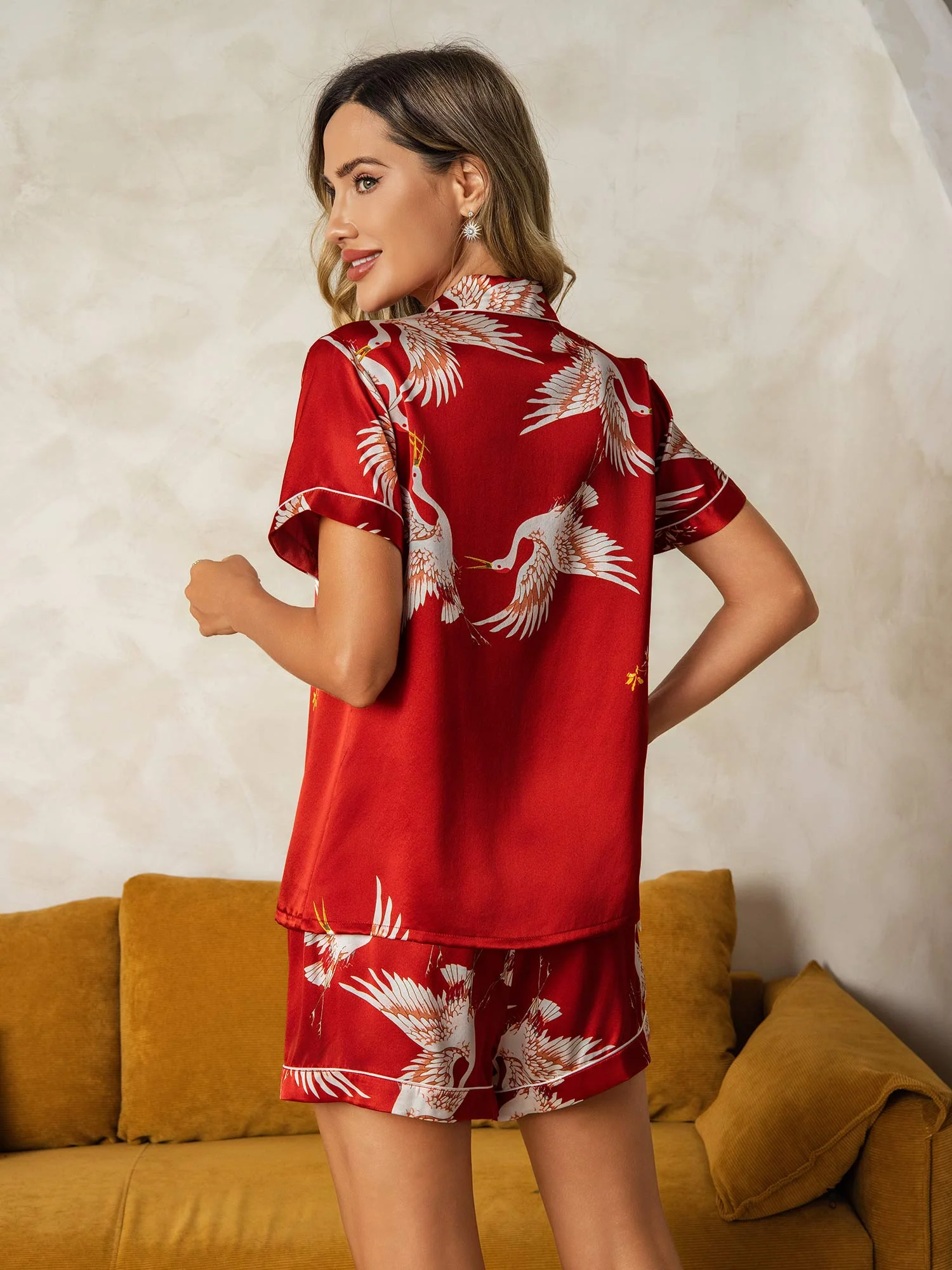 19Momme Kvinders Ren Silke Kortærmet Notch Krave Trane Print Pyjamas Sæt - Image 10