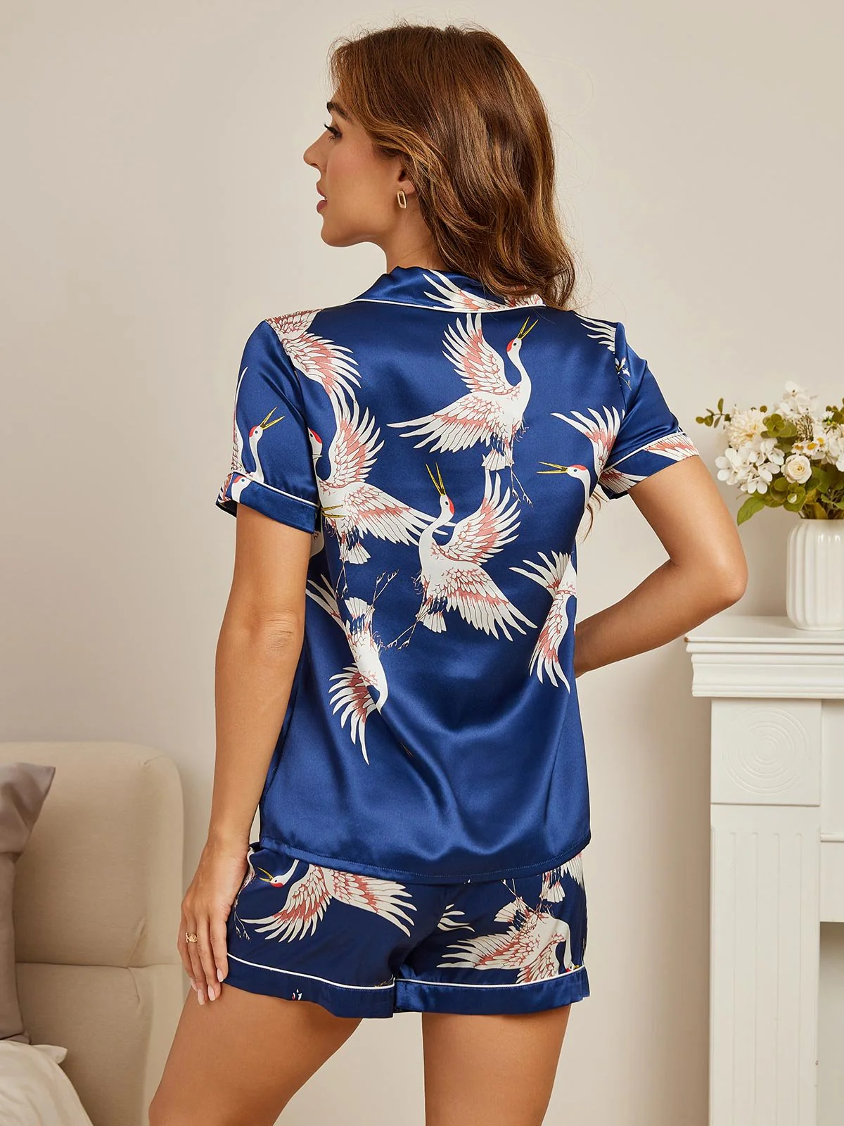 19Momme Kvinders Ren Silke Kortærmet Notch Krave Trane Print Pyjamas Sæt - Image 17
