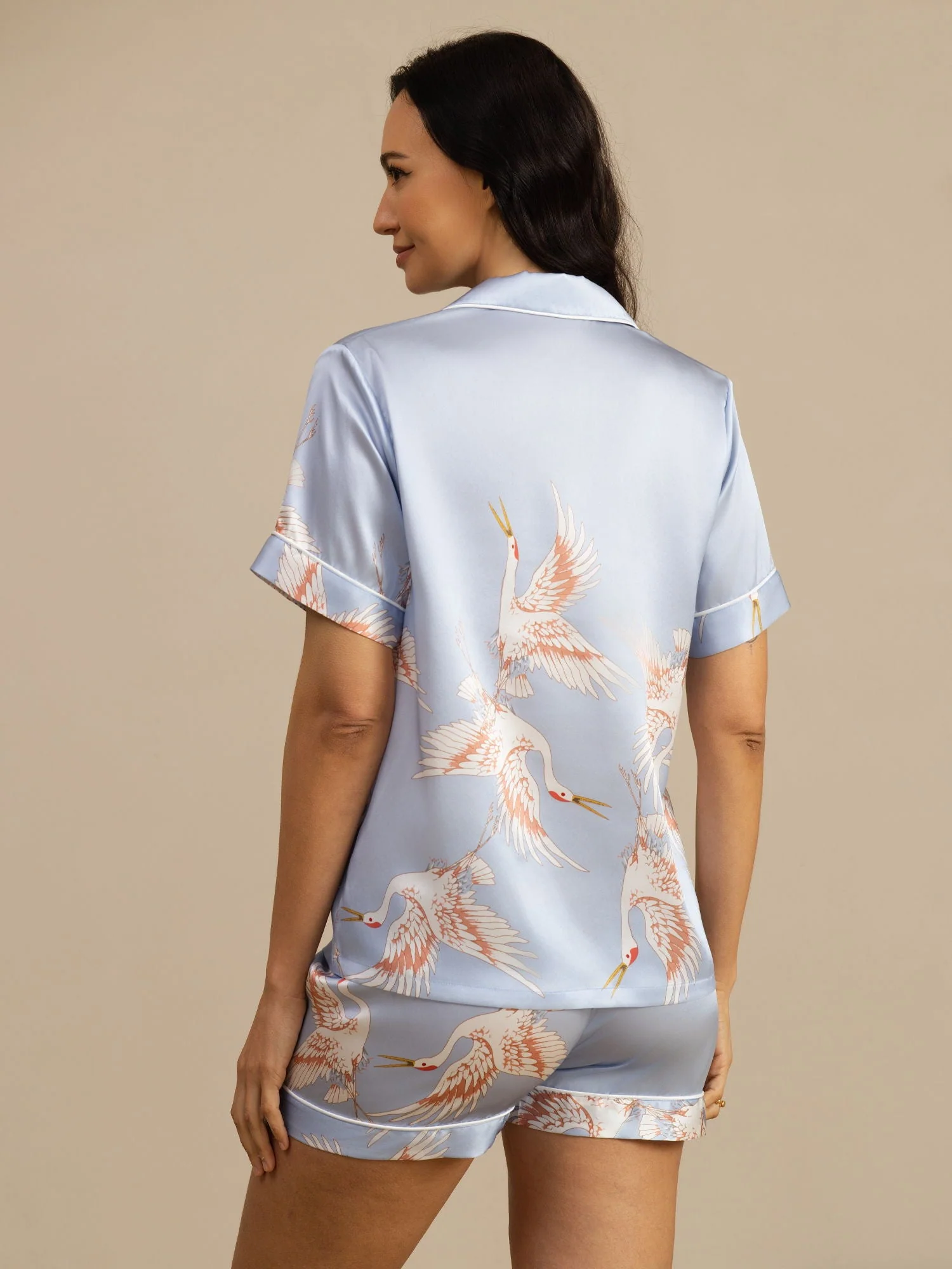19Momme Kvinders Ren Silke Kortærmet Notch Krave Trane Print Pyjamas Sæt - Image 30