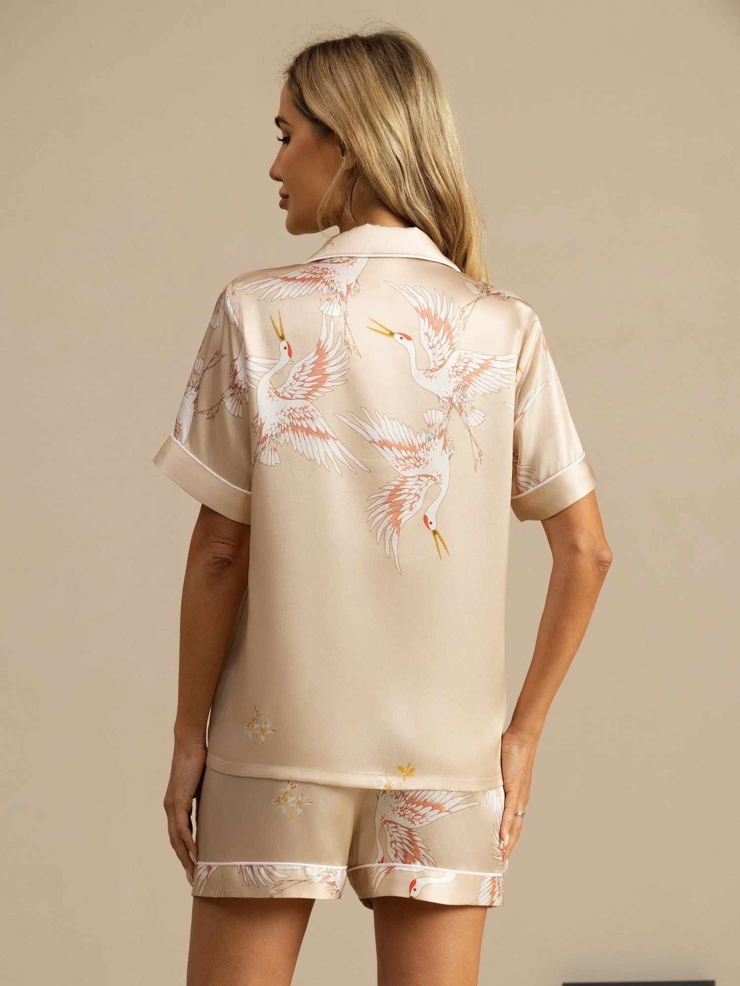 19Momme Kvinders Ren Silke Kortærmet Notch Krave Trane Print Pyjamas Sæt - Image 37