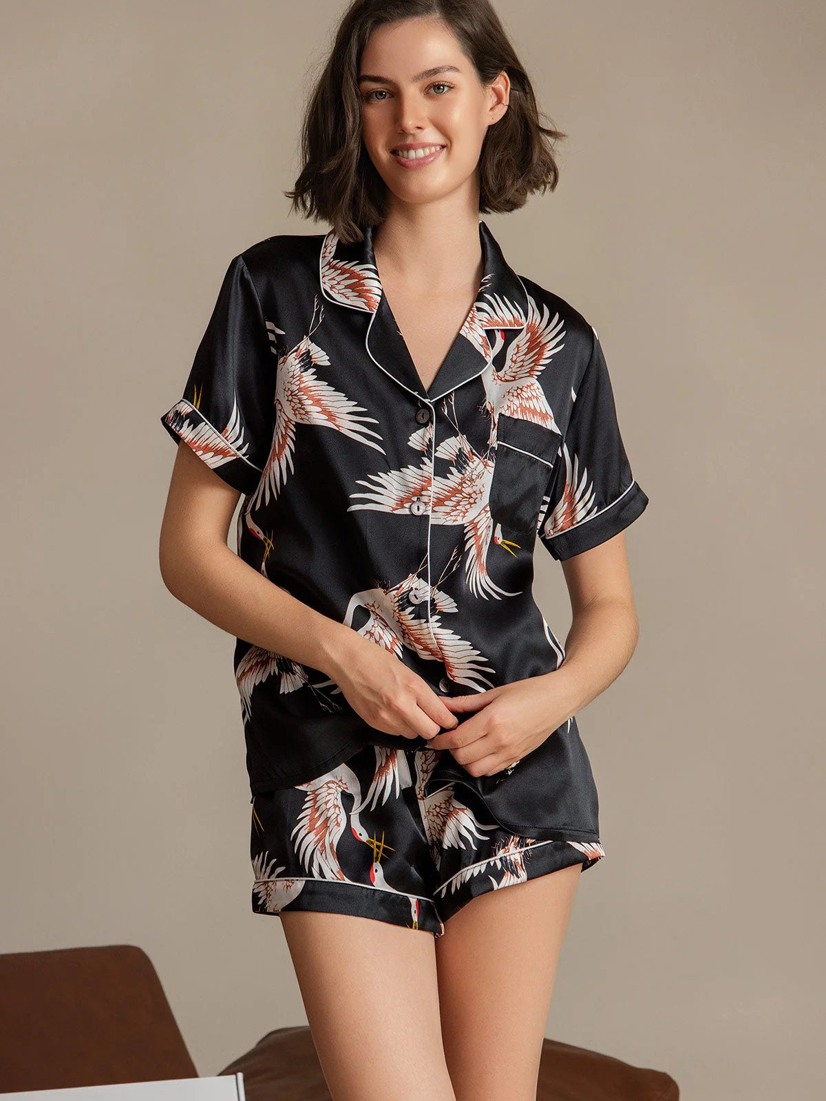 19Momme Kvinders Ren Silke Kortærmet Notch Krave Trane Print Pyjamas Sæt - Image 44